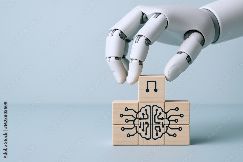 Poster ai-generated music concept: robotic hand assembling blocks with brain and music note icons for creat