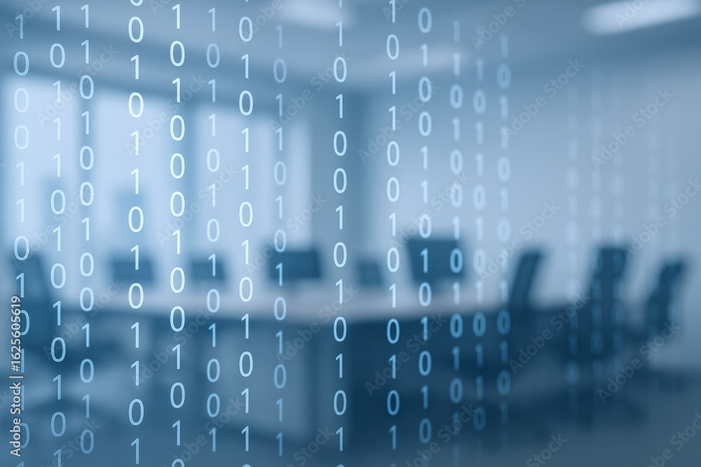Poster abstract binary code overlay on a modern conference room interior, illustrating data security and te