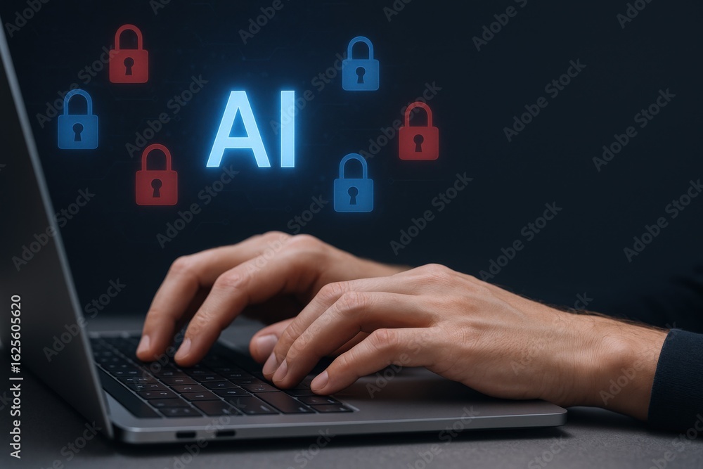 Poster ai security: a man typing on a laptop with padlocks symbolizing cybersecurity and artificial intelli