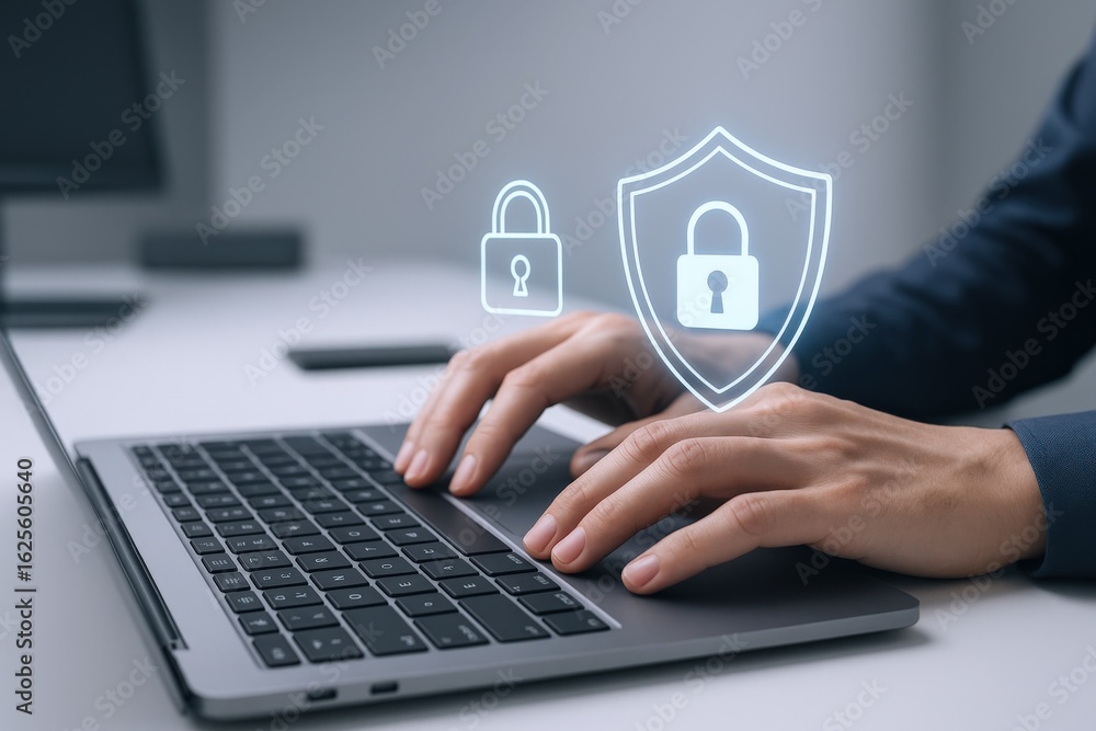 Poster cybersecurity concept: person typing on laptop with lock and shield symbols for data protection