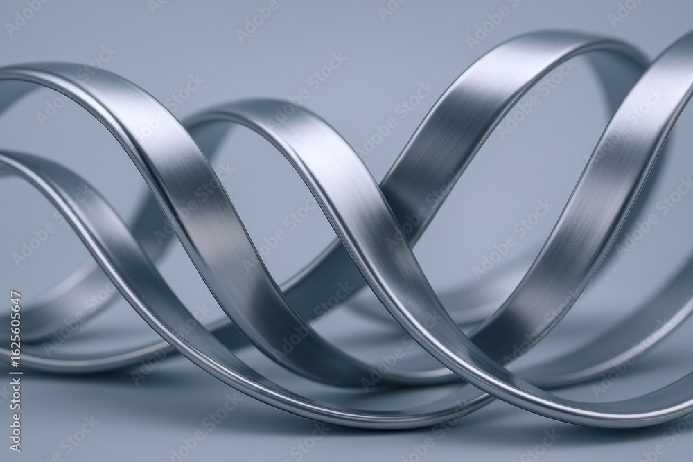 Poster abstract metallic ribbon sculpture with dynamic curves and intertwined design on a soft background