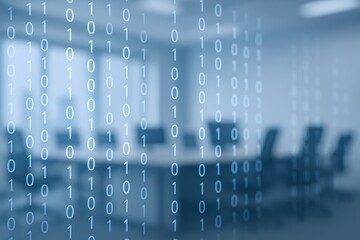 Abstract Binary Code Overlay on a Modern Conference Room Interior, Illustrating Data Security and Technological Advancement