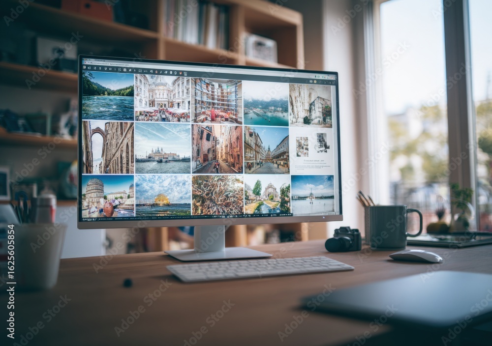 Poster modern workspace with desktop computer displaying travel images, keyboard, mouse, camera and mug on 