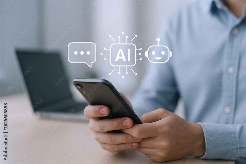 Poster man interacting with ai chatbot on smartphone for business communication and customer service soluti