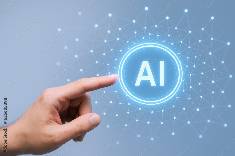 Poster activating artificial intelligence: human finger touches glowing ai icon on digital network interfac