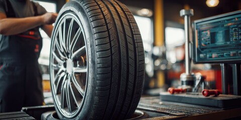 Fototapeta premium Close-up of tire balancing at a car service repair shop, maintenance and safety service