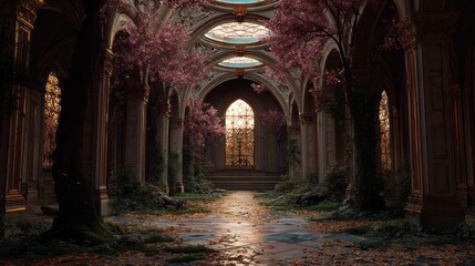 Fototapeta premium Serene sunlit corridor with ancient stone arches enveloped in overgrown vines and blossoming pink leaves, leading to a tranquil garden bathed in warm, dappled light.