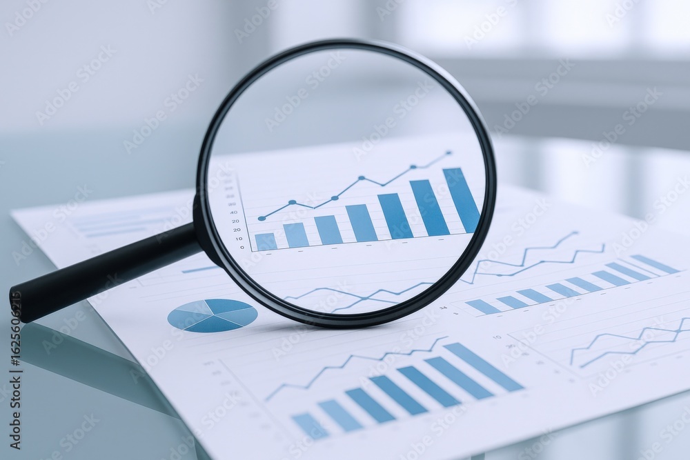 Poster analyzing financial data with magnifying glass over charts and graphs for business growth