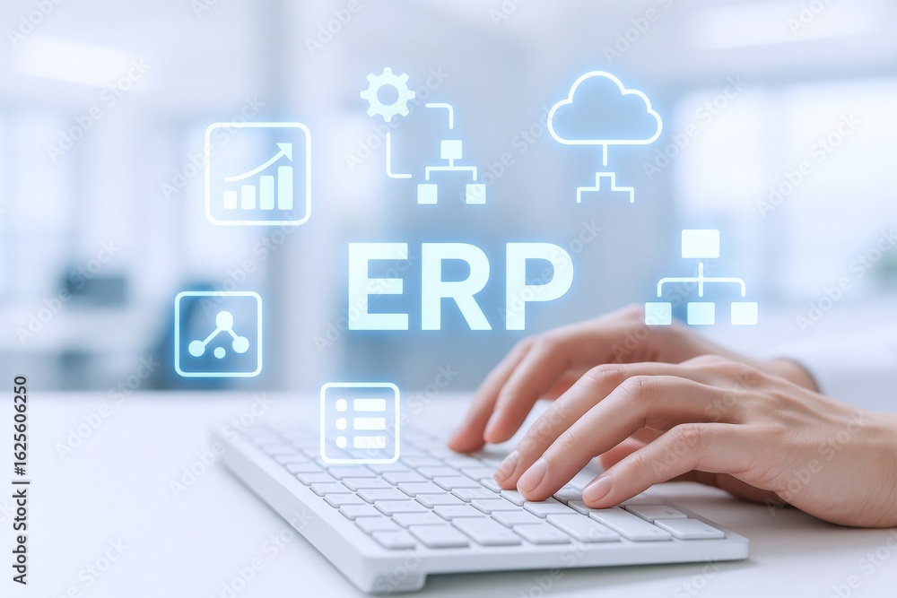 Poster enterprise resource planning software implementation: hands typing on keyboard, business process man