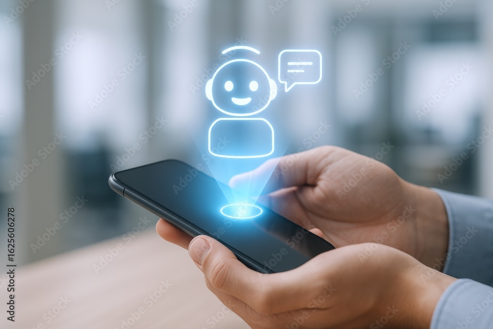 Poster virtual assistant on mobile phone: man holding smartphone with ai chatbot hologram display