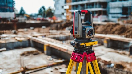 Total Station on Construction Site: Surveying Equipment for Precise Measurement and Civil Engineering Projects
