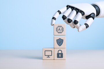 Robotic Arm Arranging Wooden Blocks Displaying Artificial Intelligence, Cybersecurity, and Computer Icons Against Blue Background