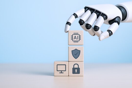 Robotic Arm Arranging Wooden Blocks Displaying Artificial Intelligence, Cybersecurity, and Computer Icons Against Blue Background