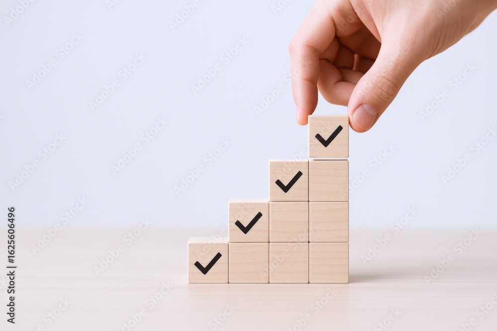 Poster growth chart blocks with check marks symbolizing success and achievement, hand placing last block