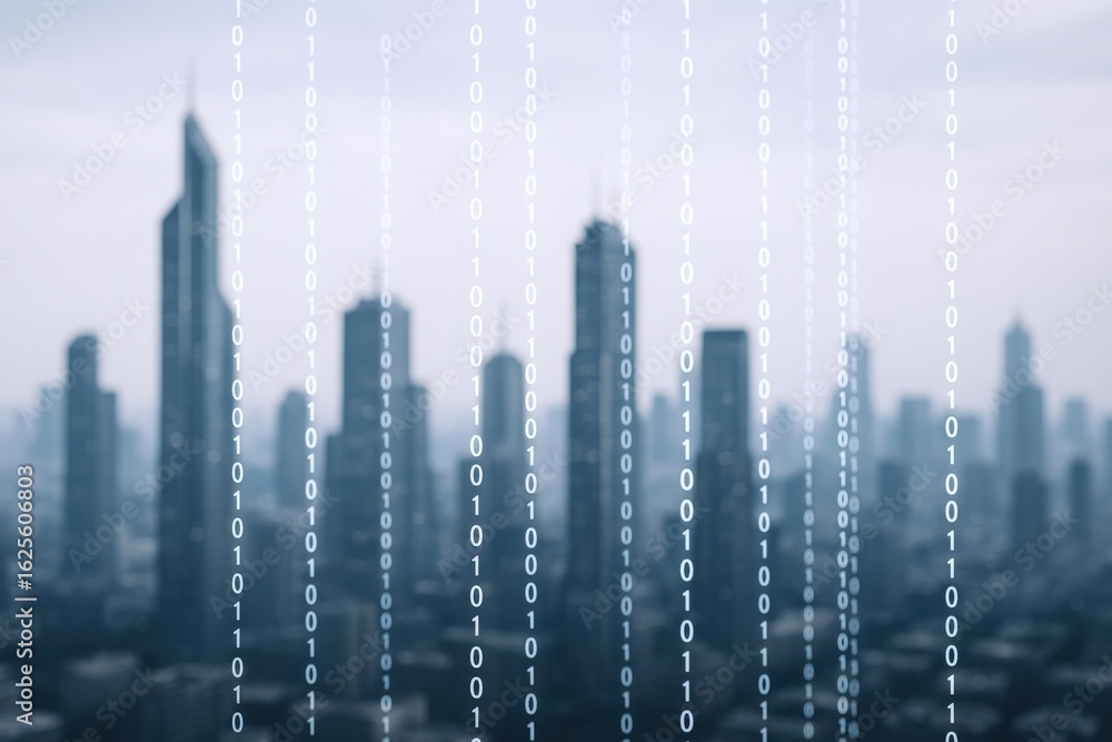 Poster digital cityscape: binary code overlay on urban skyline, representing data, connectivity and modern 