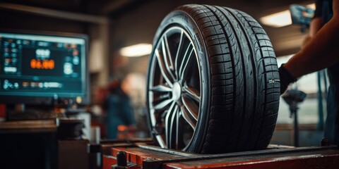Tire Balancing in an Automotive Workshop with Modern Equipment for Car Maintenance Services