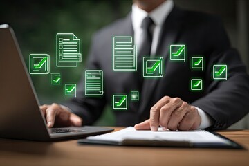 Businessman working on documents with checkmarks, overlayed with icons