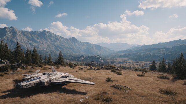 Sci-fi scene of a spaceship landed in a mountainous landscape on a sunny day