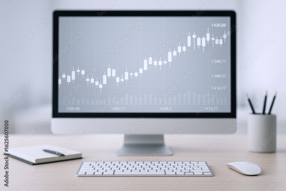 Aufkleber stock market analysis on computer screen with keyboard and mouse on desk for finance