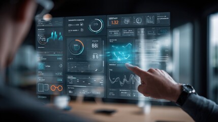 Interactive Data Visualization: Businessman Analyzing Futuristic Interface with Graphs, Charts, and Touchscreen Technology in Office