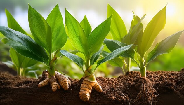 this close up highlights a turmeric plant thriving in its natural habitat debuting lush green leaves above and sturdy roots below the image reflects its healthy growth in the field