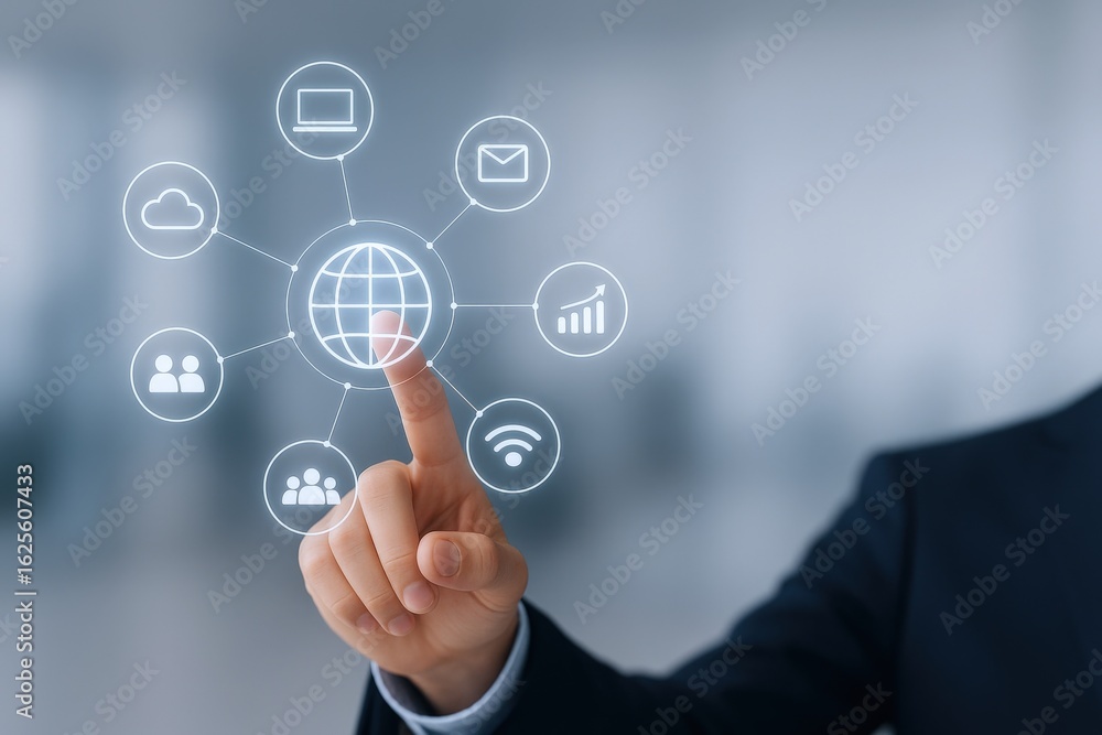 Poster digital transformation concept: businessman interacting with futuristic interface representing globa
