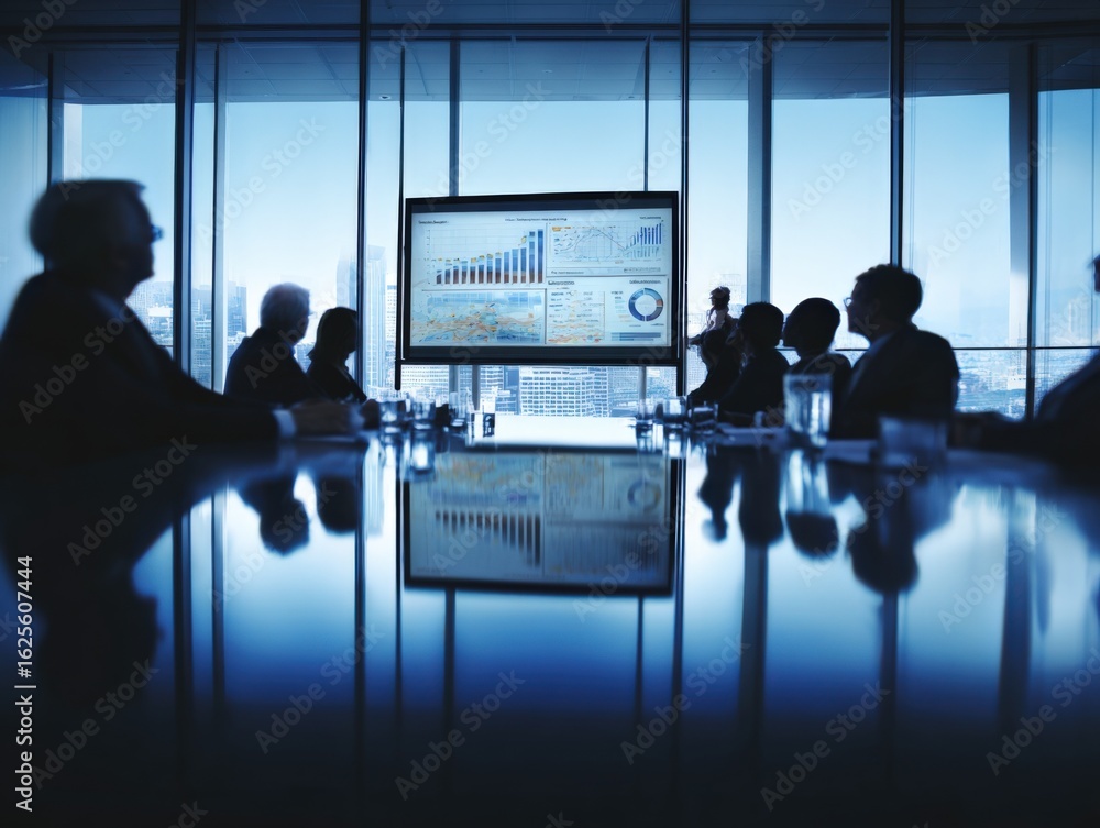 Poster business meeting with financial data displayed on screen, showing charts, graphs and performance ana