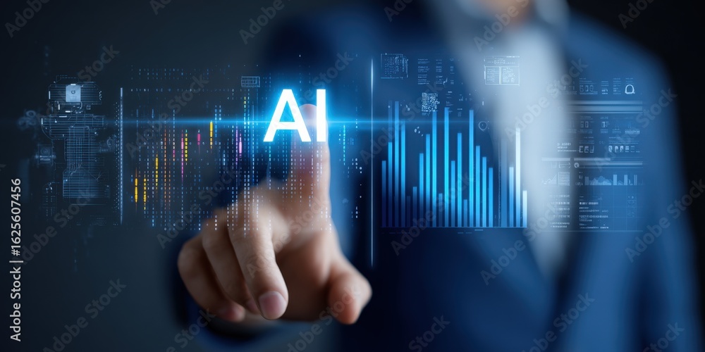 Poster artificial intelligence activation: businessman tapping into ai data and digital future technology i