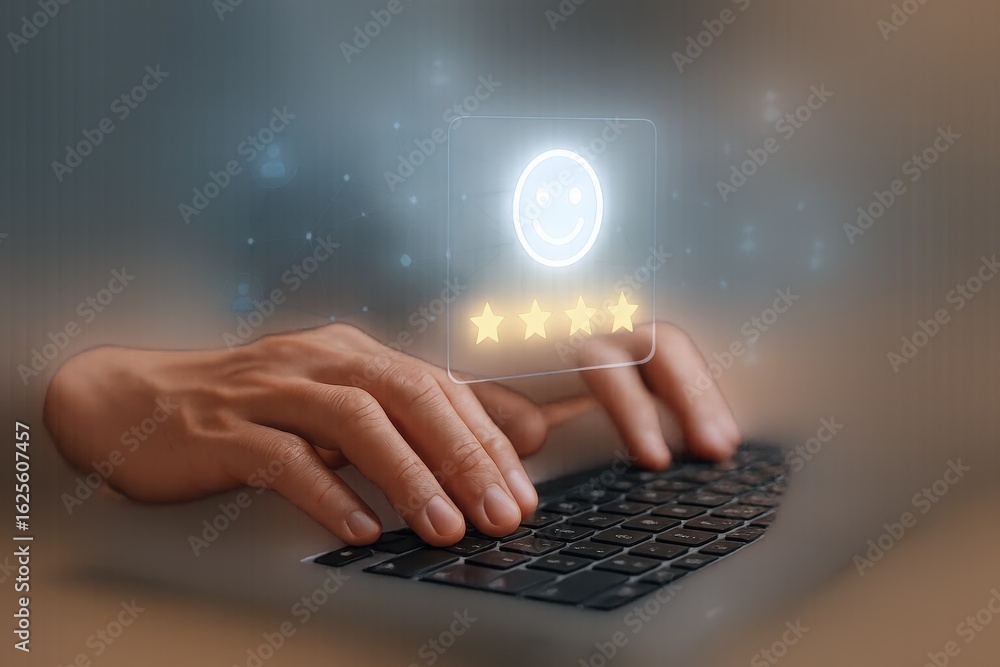 Aufkleber online reputation management: hands typing on keyboard with positive feedback icons and social netwo
