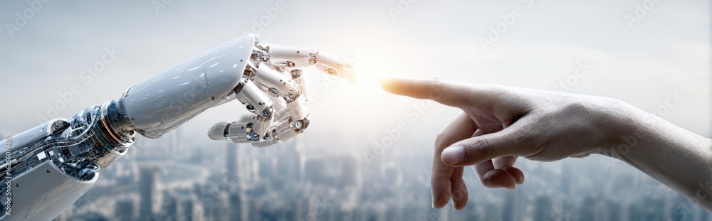Poster human and robot hands touching with cityscape background, representing artificial intelligence and t