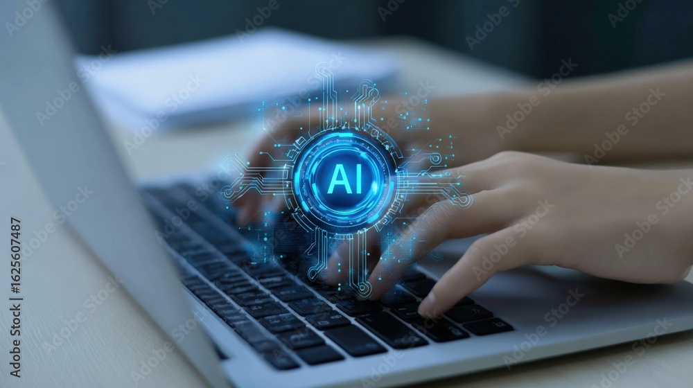 Poster artificial intelligence concept: close-up of hands typing on laptop with ai technology overlay