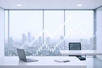 Obraz na płótnie Canvas Modern Office Workspace with Financial Growth Chart Overlay, Laptop, Desk, and City View