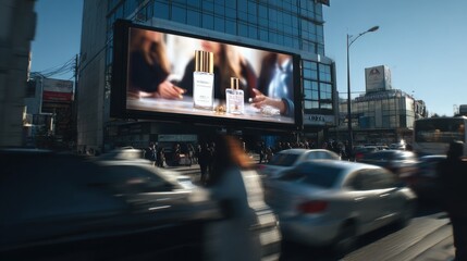 Urban Billboard Advertising Campaign Displaying Luxury Perfume Products in a Busy Cityscape