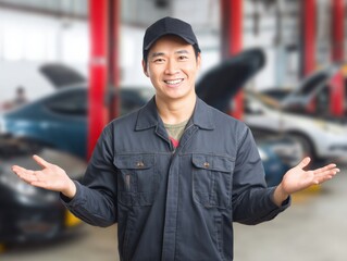 Smiling Asian Mechanic in Auto Repair Shop Welcoming Customers with Open Arms, Expressing Confidence