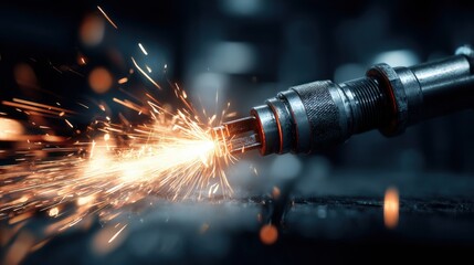 Metalworking Precision: Close-Up of Sparks Flying from Cutting Tool in Dark Workshop