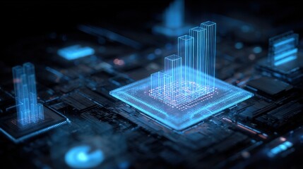 Advanced Microprocessor Visualization with Holographic Display, High-Tech Circuit Board, and Futuristic Data Representation for AI