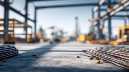 Naklejka premium Construction Site with Steel Rebar and Heavy Machinery, Illustrating Infrastructure Development and Industrial Activity