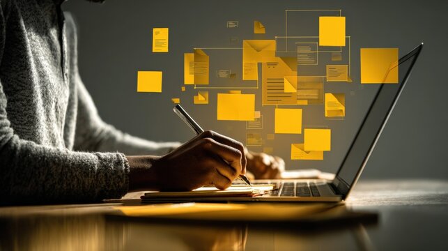 Document Management: African American Professional Utilizing Laptop with Digital File Overlay for Efficient Workflow