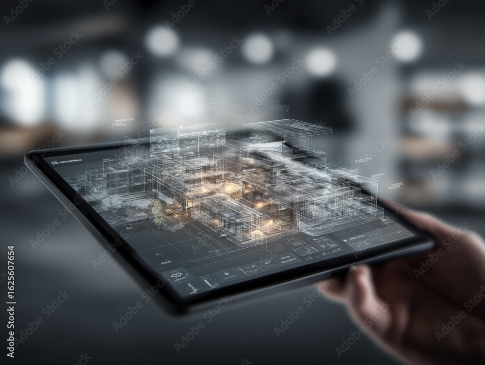 Poster architectural visualization: hand holding tablet displaying 3d building model with modern design and