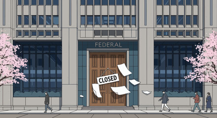 Naklejka premium Federal building with CLOSED sign hanging on doors paper floats near entrance with people walking