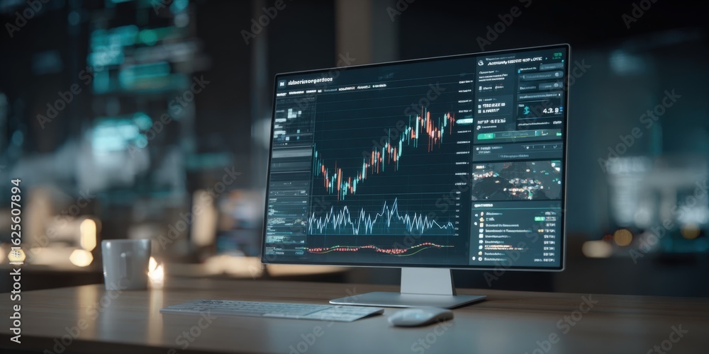 Aufkleber stock market analysis on a computer screen displaying financial data in a modern office
