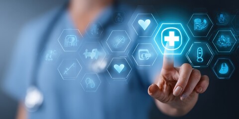 Doctor interacting with medical interface, healthcare technology and innovative concept, modern hospital technology and patient care