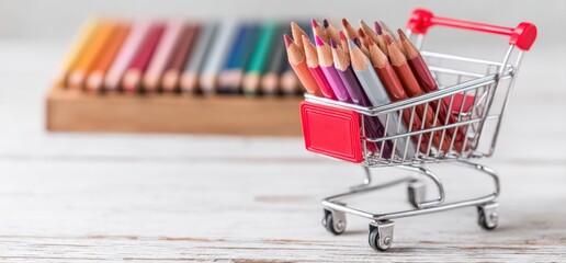Miniature shopping cart full of colored pencils on white wooden desk with more pencils in the background, representing back to school shopping