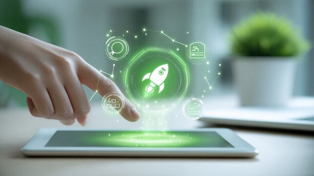 Launching Startup: Woman Taps Tablet with Rocket Icon, Signifying New Business and Technology Growth