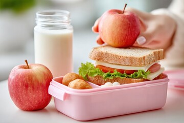 Woman preparing a nutritious school lunch, featuring an apple, a sandwich, cookies, and milk for her childs midday meal