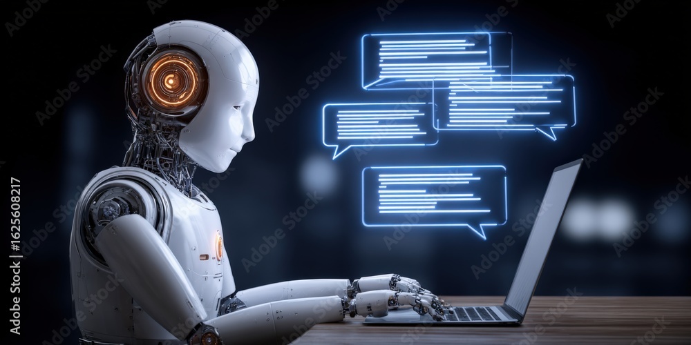 Poster robot typing on laptop with chat bubbles illustrating artificial intelligence communication and tech
