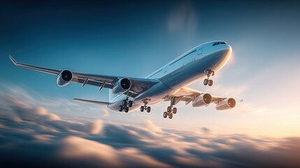 Fototapeta premium Commercial Airplane Flying Above Clouds at Sunset, Representing Air Travel, Transportation and Modern Aviation Technology