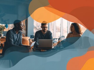 Diverse Team Collaborating on Laptop Project, Office Environment with Creative Color Overlay