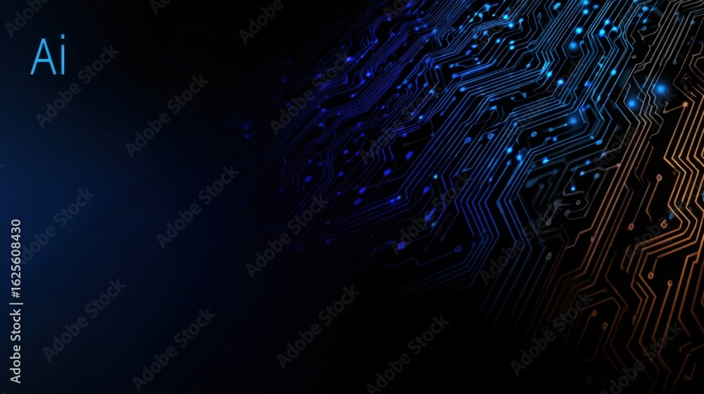 Poster abstract circuit board background with glowing blue and orange lights for technology and data