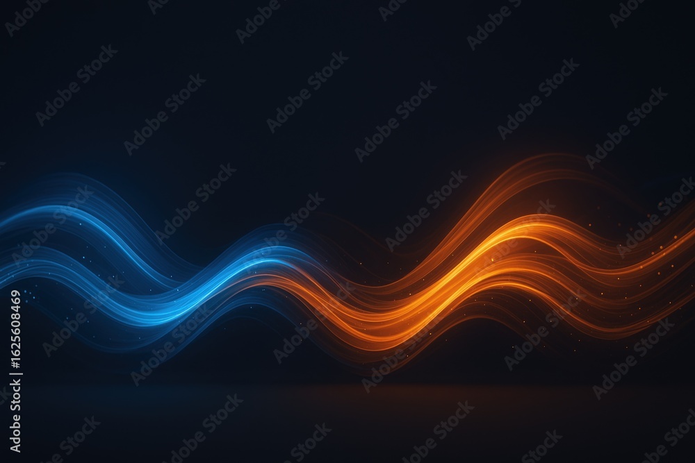 Poster abstract waveforms of blue and orange light emanating energy on a dark background - high resolution